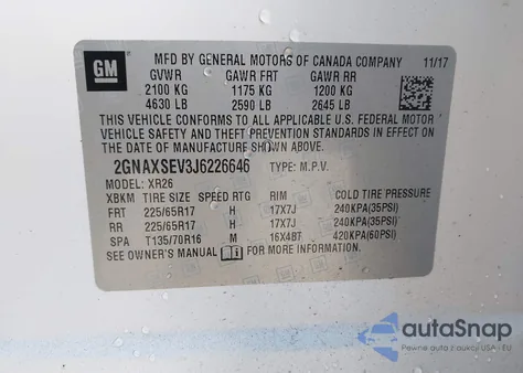 2018 Chevrolet Equinox Lt z USA, uszkodzony, nr VIN 2GNAXSEV3J6226646